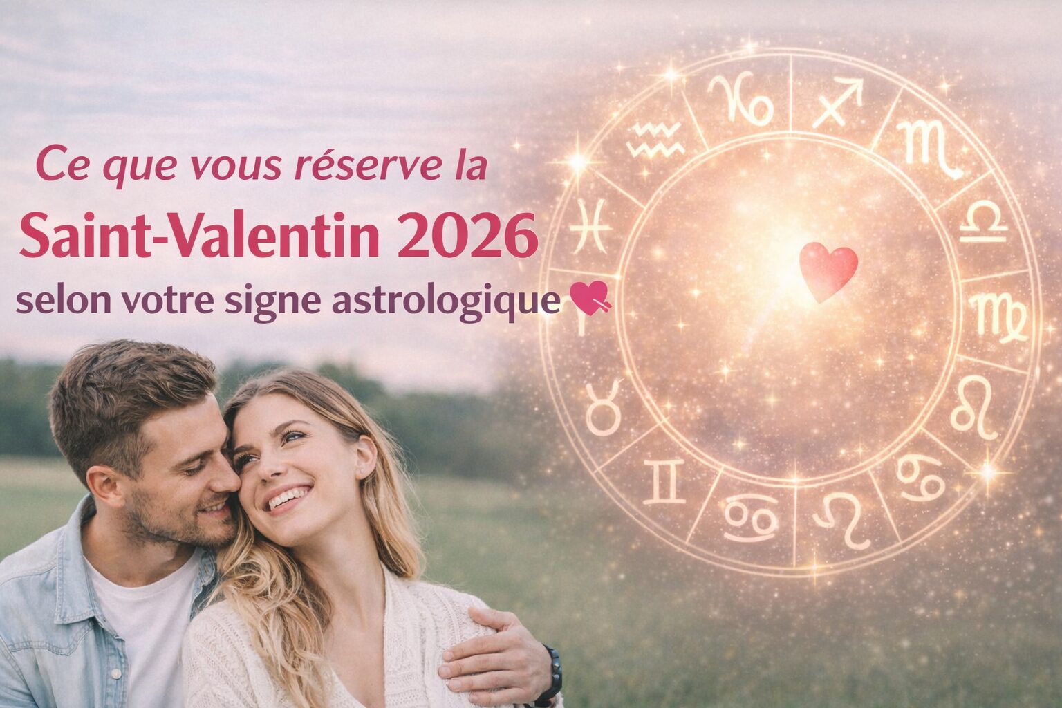Couple souriant dans un champ avec roue du zodiaque et titre Ce que vous réserve la Saint-Valentin 2026 selon votre signe astrologique - Blog LumiereVoyance.com